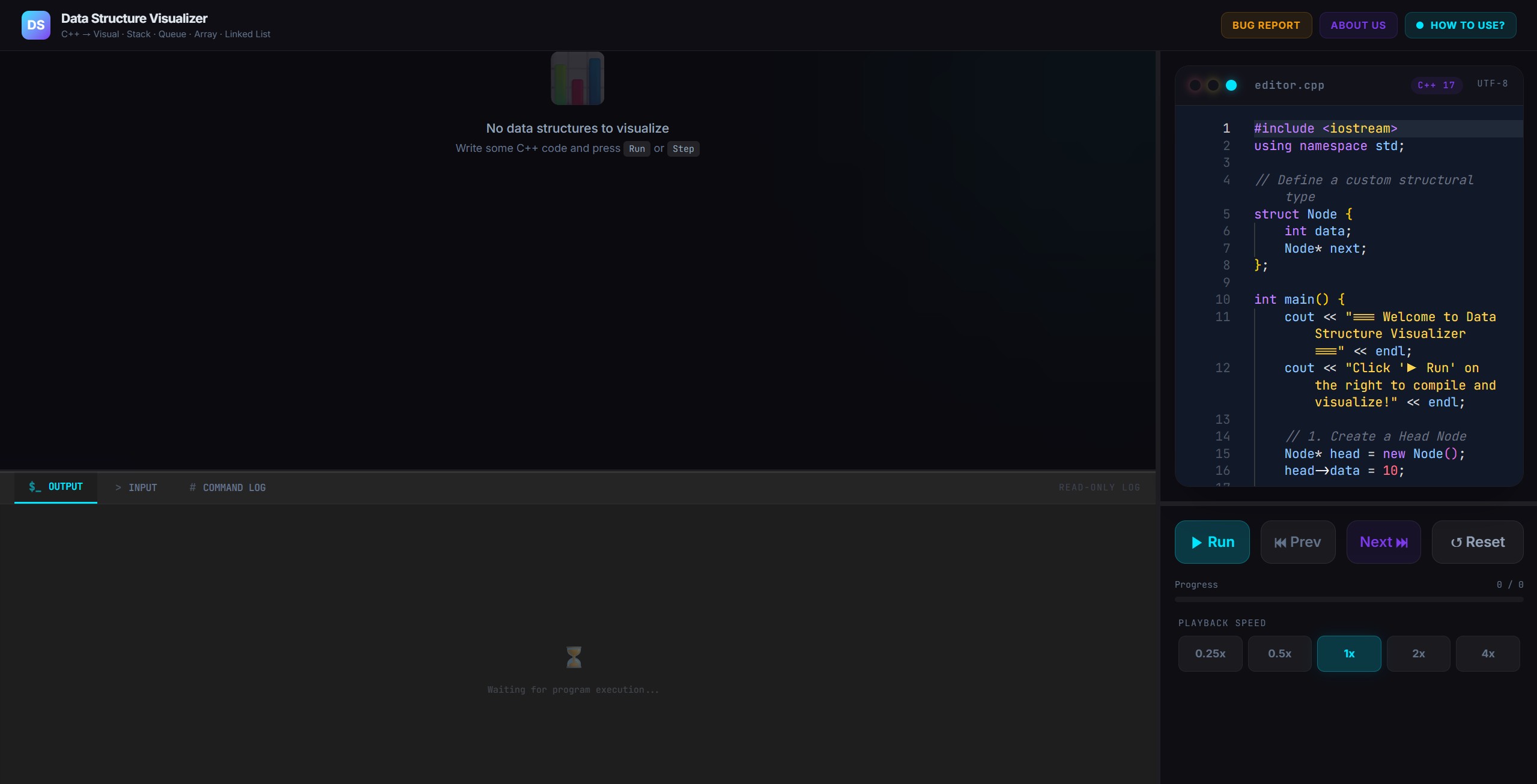 Data Structure Visualizer code editor with empty visualization panel