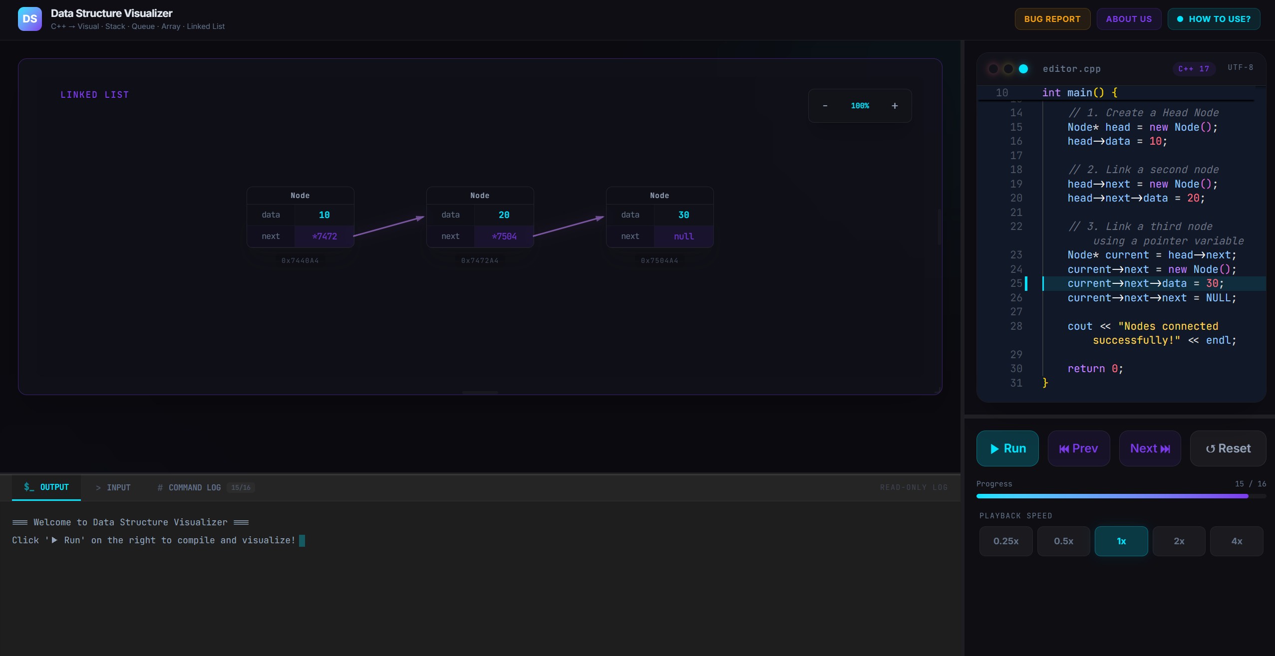 Data Structure Visualizer rendering a linked list of three nodes